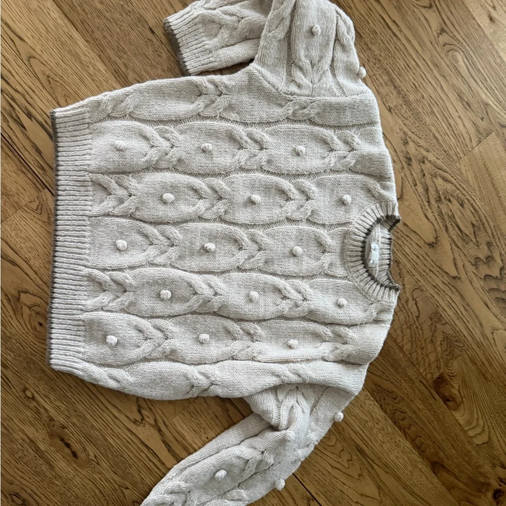 Blu Pepper Cream Cable-Knit Pom Pom Crewneck Sweater - Picture 3 of 3